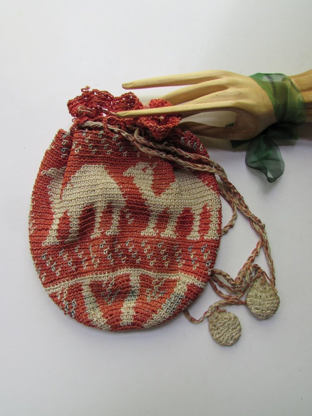 Vintage Knit Drawstring Pouch Mideast Theme Marching Camels